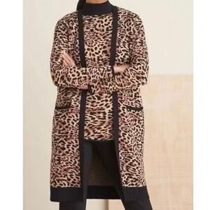 Chico’s Size 1 Jacquard Animal-Print Cardigan Open Front Brown Black Pockets Med